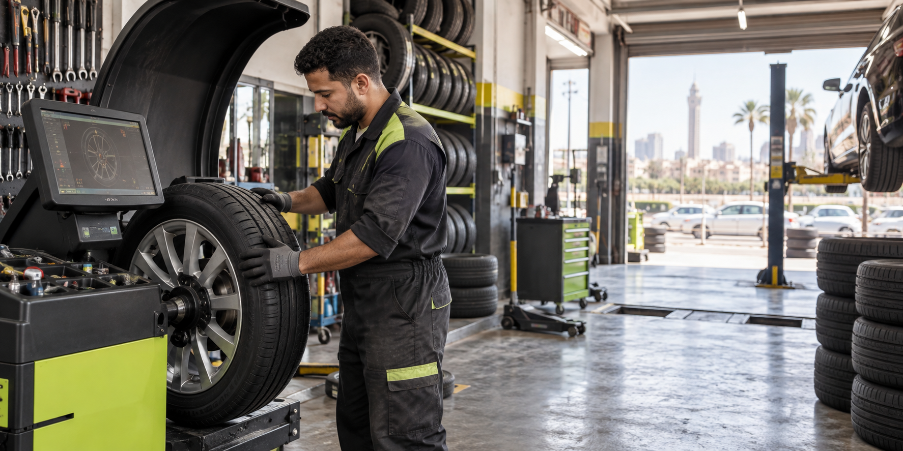 تركيب الإطارات داخل ورشة بي إم إس بنديجو